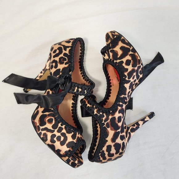 Betsey Johnson Shoes - BETSEY JOHNSON Satin Leopard Print Open Toe Heels Ribbon Tie at Ankles Size 9.5M